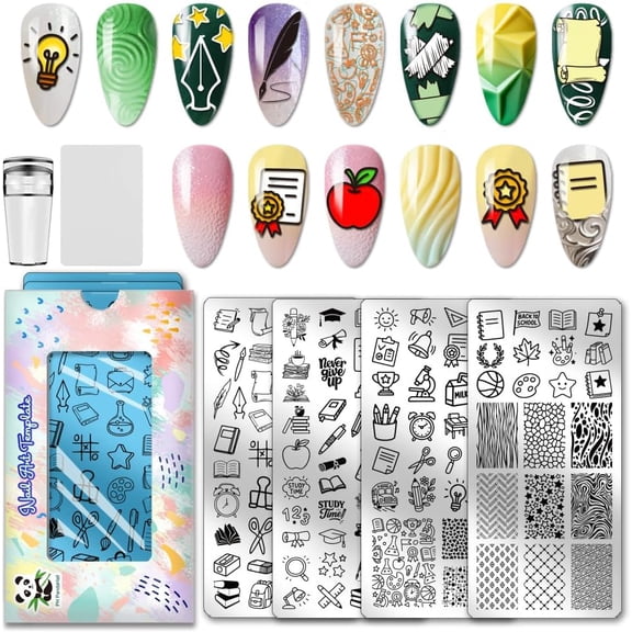 4pcs Learning Elements Nail Stamp Plate Books Pens Nail Art Template Stationery Notebook Manicures Stamper Line Texture Nails Image Plate