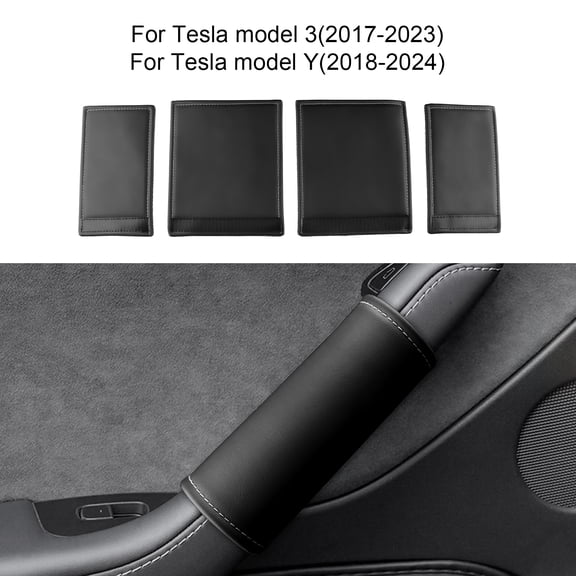 4pcs Leather Car Door Handle Covers for 2017-2023 Tesla Model 3 and 2018-2024 Tesla Model Y, Black with Red Stitching