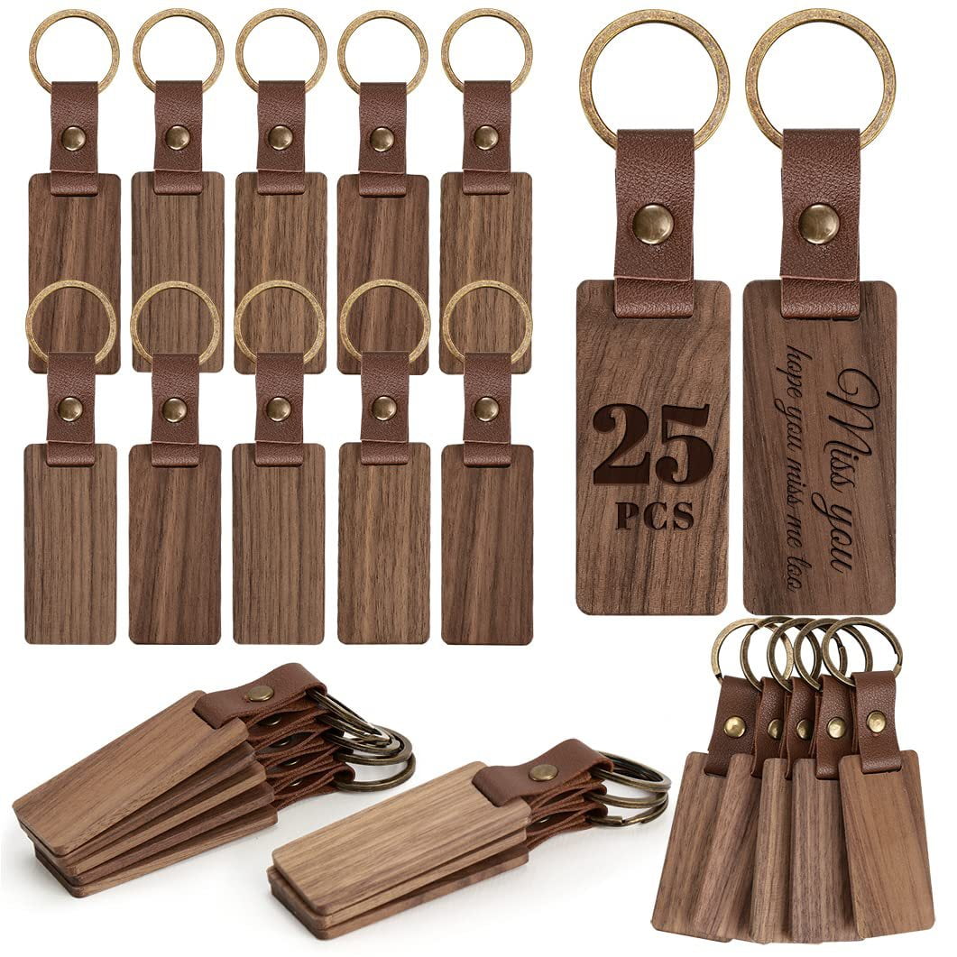 20Packs Wooden Keychain Rectangle Blanks Leather Keychain Blank Wood Walnut  With Keyring For DIY Engraving Gift Durable - AliExpress