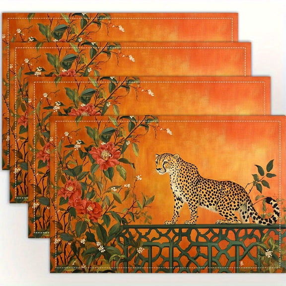 4pcs, Leopard Cheetah Chinoiserie Fretwork Trellis Placemats, Fashion Print Pattern Table Mat, for Dining Table, Kitchen, Party, Indoor, Holiday, Dinner Parties And Home Decor 12X18 Inch