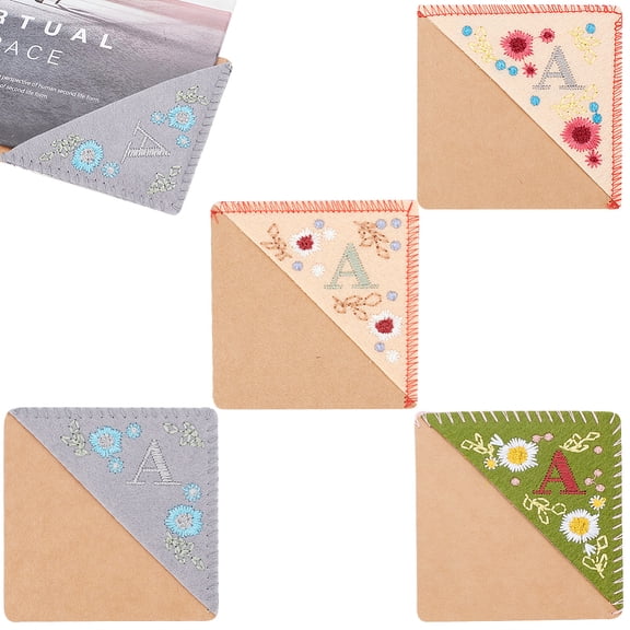 4pcs Letter A Felt Embroidery Corner Bookmarks Seasonal Theme Hand Embroidered Flower Bookmark Triangle Corner Page Marker Mixed color 95x95x3mm