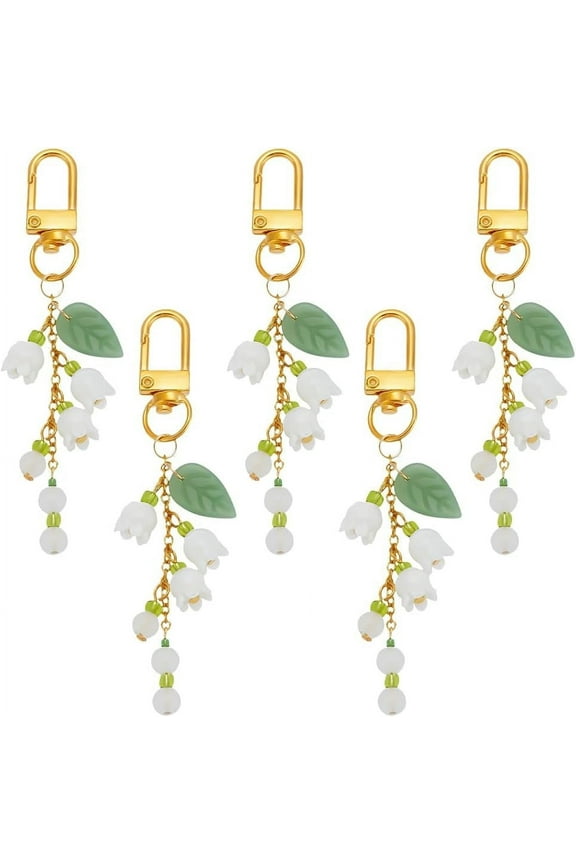 4pcs Lily of the Valley Keychains Glass Charm Keychains with Swivel Clasps Flower Bag Purse Charms Floral Leaf Keyrings for Summer Home Car Keys Bag Keychain Camera Pendants Decor