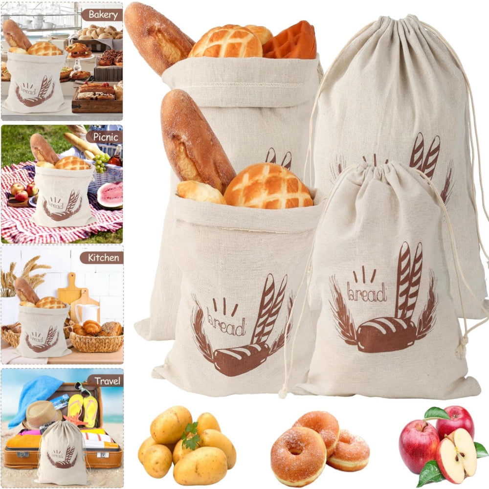 4pcs Linen Bread Bags with Drawstring, Bread Bag Storage Fresh,Reusable ...