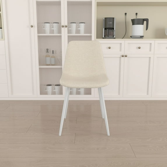 4pcs Linen Fabric Dining Chairs, Modern Kitchen Chairs with Upholstered and Padded Back, White Metal Leg Decorated Dining Side Chairs for Dining Room Kitchen, Beige