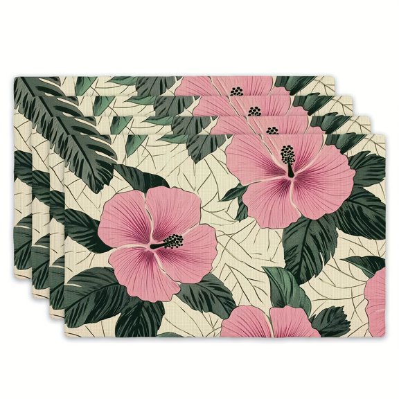 4pcs Linen Placemats | Spring Pink Hibiscus Pattern, Natural Elegant Rectangular Table Mats for Family Gatherings, Birthday Parties, Holiday Gifts, Size: 12inch*18inch