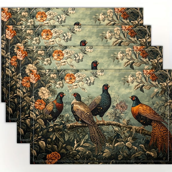 4pcs Linen Table Mats, Enchanting Fairycore Pheasants Woven Design, 12x18 Inch, Hand Wash Only, for Dining Table, Kitchen, Party, Indoor, Holiday, Dinner Parties and Home Decor