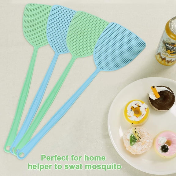 4pcs Long Handle Plastic Fly Swatters - 2 Blue + 2 Green Manual Bug Zapper Fly Killer, Durable Flexible Fly Swat for Home Kitchen Outdoor Patio & Indoor Control Use, 15in, Colorful