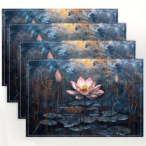 4pcs Lotus Blossom Table Mats - Serene Pink Lotus Flowers & Reeds Design, 12x18 Inch Linen Placemats for Dining Table, Kitchen, Party Decor, Indoor Holiday Decor, Holiday Table Setting