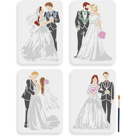 4pcs Love Wedding Stencil 11.78.3inch Large Marriage Couple Stencils with Paint Brush Sweet Bride and Groom Family Drawing Template for DIY Craft Furniture Wood Canvas Paper