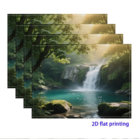 4pcs Lush Forest Waterfall Placemats Set - Turquoise Blue & Green Nature-Themed Table Mats with Turquoise Pool & Waterfall Design
