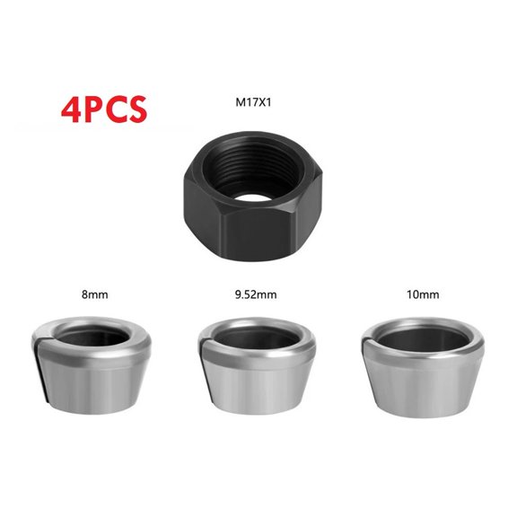 4pcs M17 Collet Chuck Adapter Set, 10mm 9.5mm 8mm Carbide Split Bushing Converter with Nut for Electric Router and Engraving Machine, Precision Chuck Conversion Kit for Woodworking