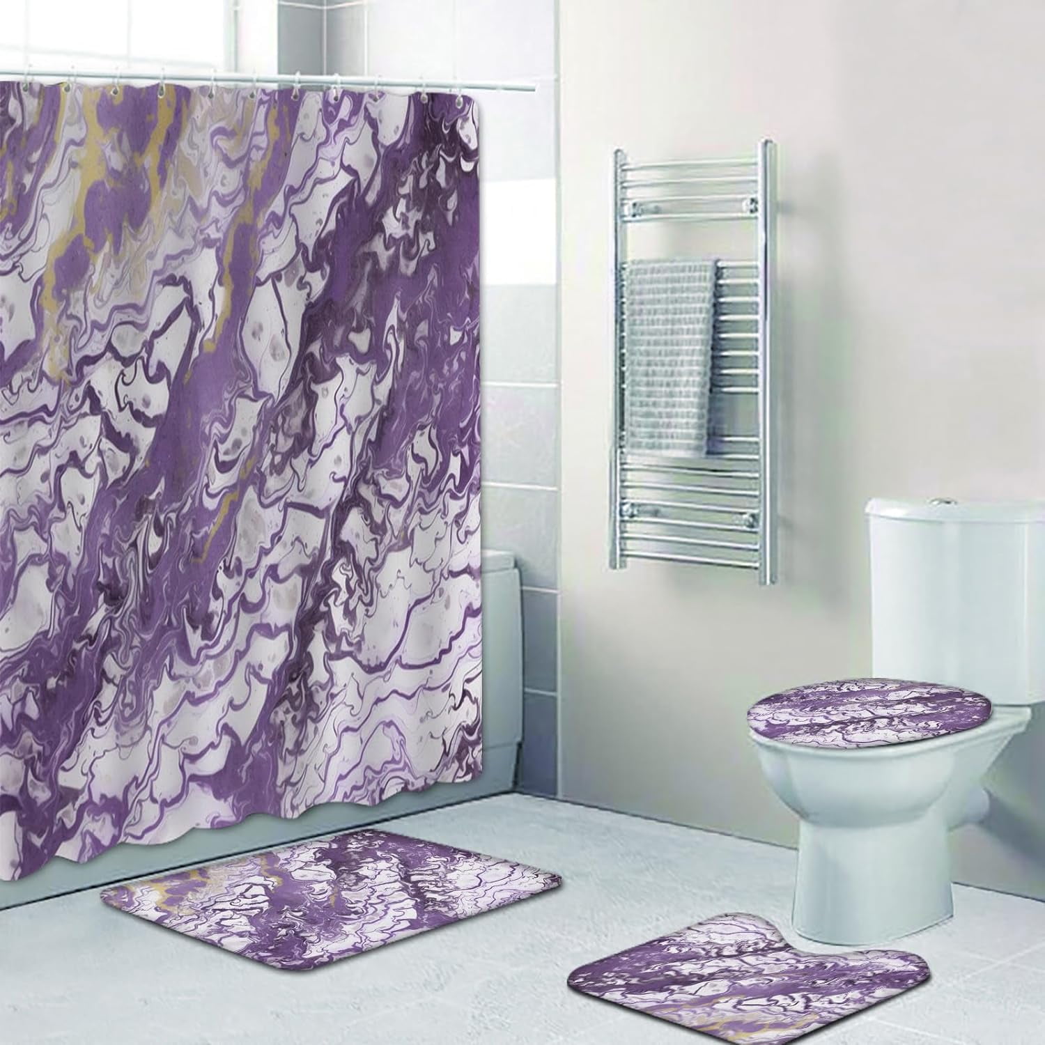 4pcs Marble Bathroom Set with Shower Curtain with Rugs Abstract Marble ...