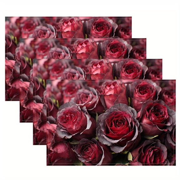 4pcs, Maroon and Dark Gray Inspired Roses placemats, fashion print pattern table mat, for dining table, kitchen, party, indoor, holiday, dinner parties and home decor (table mats) 12x18 Inch