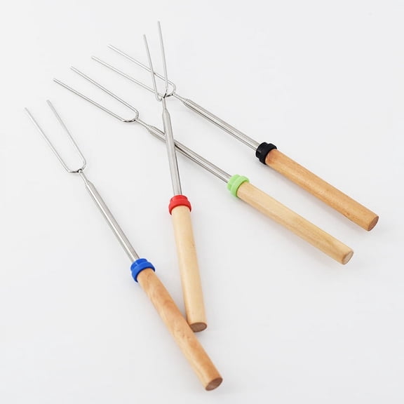 4pcs, Marshmallow Roasting Sticks, Smores Sticks For Fire Pit, Wooden Handle Telescopic U-shaped Barbecue Fork, Telescoping Rotating Smores Skewers, Hot Dog Roasting Sticks For Campfire Camping