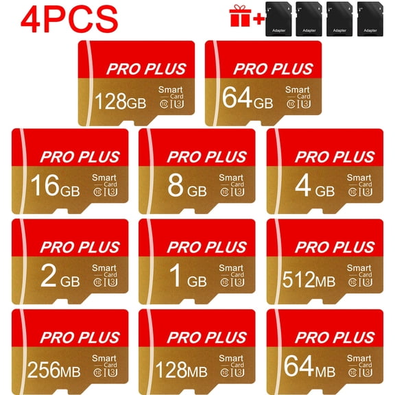 4pcs Memory Card 128GB 64GB 32GB 16GB With Adapter, High Speed Memory Card 8GB 4GB 2GB 1GB, U3 C10 A1 Memory TF Card 512MB 256MB 128MB 64MB For Tablet/Camera/Phone/Car Audio,Store Your Files Securely