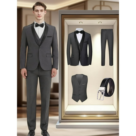 4pcs Men Suit Tuxedo Vest Pants Belt Shawl Collar Single Breasted One Button Flap Pockets for Wedding Party Groom Groomsmen Men Formal Attire