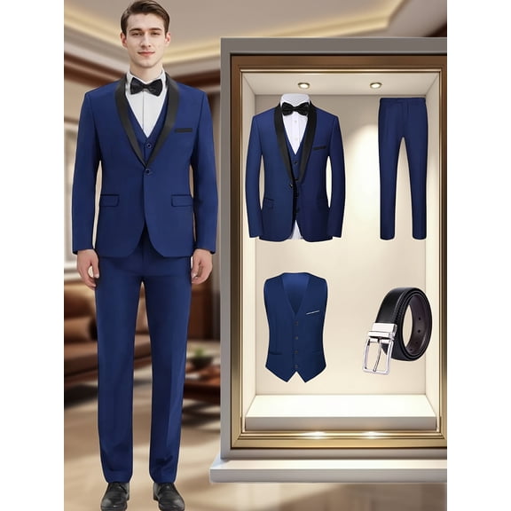 4pcs Men Suit Tuxedo Vest Pants Belt Shawl Collar Single Breasted One Button Flap Pockets for Wedding Party Groom Groomsmen Men Formal Attire