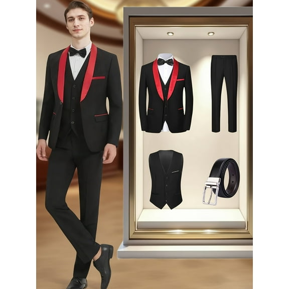 4pcs Men Suit Tuxedo Vest Pants Belt Shawl Collar Single Breasted One Button Flap Pockets for Wedding Party Groom Groomsmen Men Formal Attire