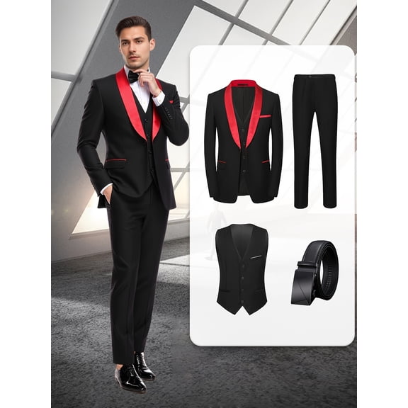 4pcs Men Suit Tuxedo Vest Pants Belt Shawl Collar Single Breasted One Button Flap Pockets for Wedding Party Groom Groomsmen Men Formal Attire