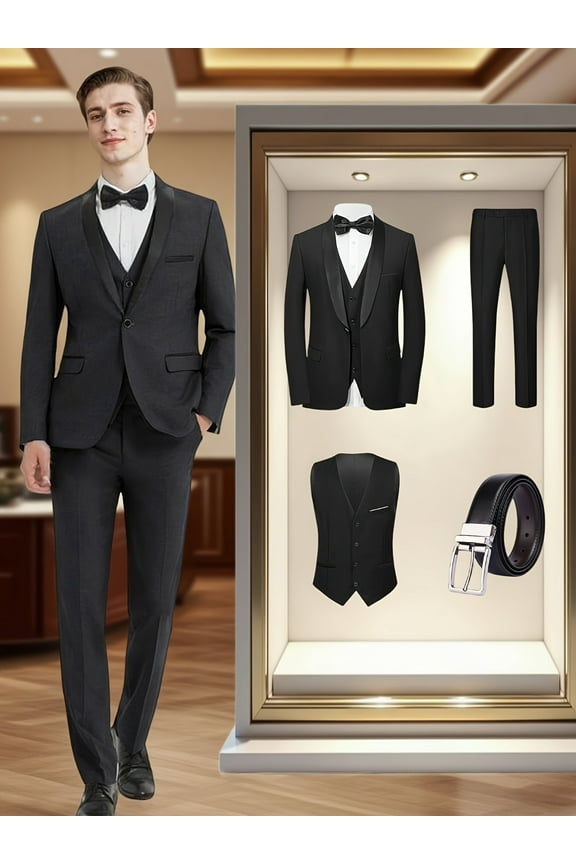 4pcs Men Suit Tuxedo Vest Pants Belt Shawl Collar Single Breasted One Button Flap Pockets for Wedding Party Groom Groomsmen Men Formal Attire