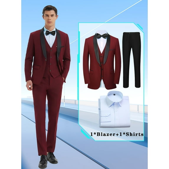 4pcs Men Suit Tuxedo Vest Pants Blue Shirt Shawl Collar Single Breasted One Button Flap Pockets for Wedding Party Groom Groomsmen Men Formal Attire