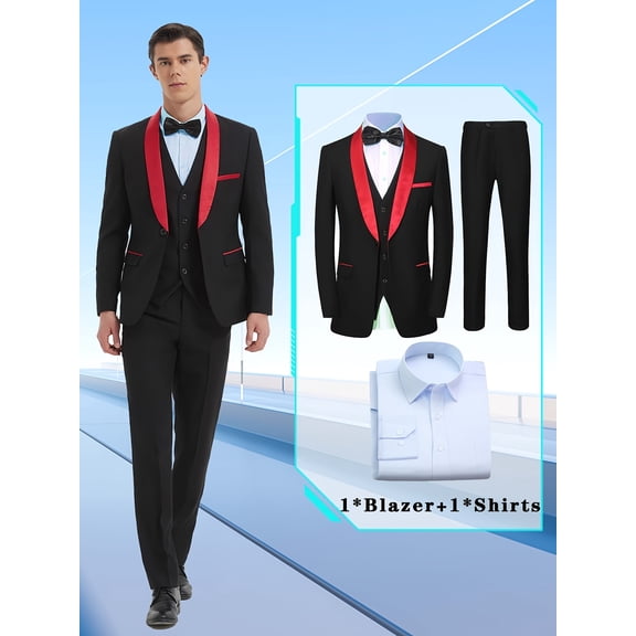 4pcs Men Suit Tuxedo Vest Pants Blue Shirt Shawl Collar Single Breasted One Button Flap Pockets for Wedding Party Groom Groomsmen Men Formal Attire