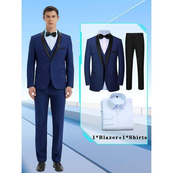 4pcs Men Suit Tuxedo Vest Pants Blue Shirt Shawl Collar Single Breasted One Button Flap Pockets for Wedding Party Groom Groomsmen Men Formal Attire