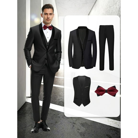 4pcs Men Suit Tuxedo Vest Pants Bow Tie Shawl Collar Single Breasted One Button Flap Pockets for Wedding Party Groom Groomsmen Men Formal Attire