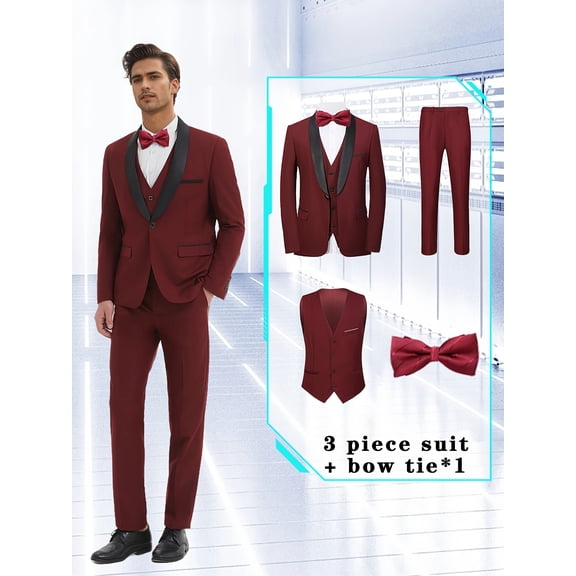 4pcs Men Suit Tuxedo Vest Pants Bowtie Shawl Collar Single Breasted One Button Flap Pockets for Wedding Party Groom Groomsmen Dinner Independence Day Various Festivals Men Formal Attire