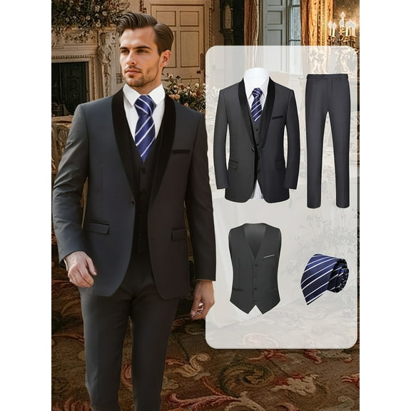 4pcs Men Suit Tuxedo Vest Pants Stripe Tie Shawl Collar Single Breasted One Button Flap Pockets for Wedding Party Independence Day Various Festivals Men Formal Attire