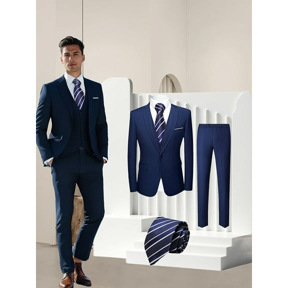 4pcs Men Suit Tuxedo Vest Pants Tie Lapel Collar Flap Pocket One Button for Wedding Banquet Business Dinner Commuting Independence Day Elegant Men Attire