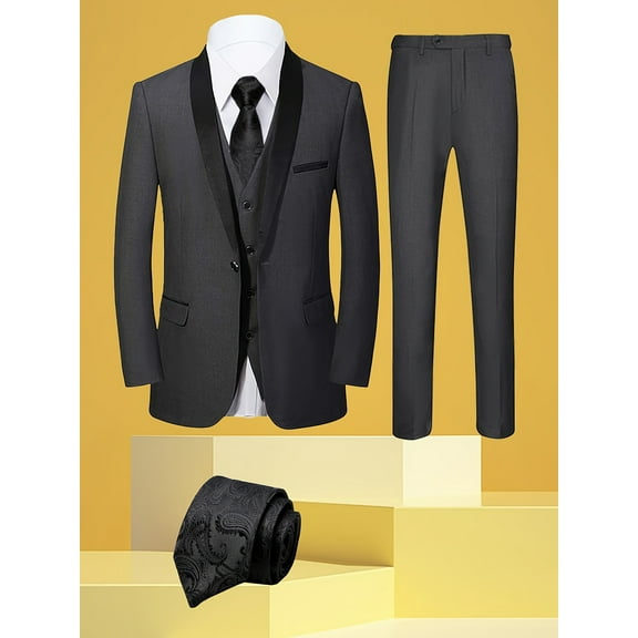 4pcs Men Suit Tuxedo Vest Pants Tie Shawl Collar Single Breasted One Button Flap Pockets for Wedding Party Groom Groomsmen Men Formal Attire