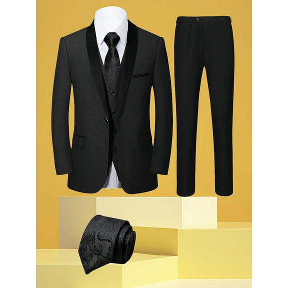 4pcs Men Suit Tuxedo Vest Pants Tie Shawl Collar Single Breasted One Button Flap Pockets for Wedding Party Groom Groomsmen Men Formal Attire