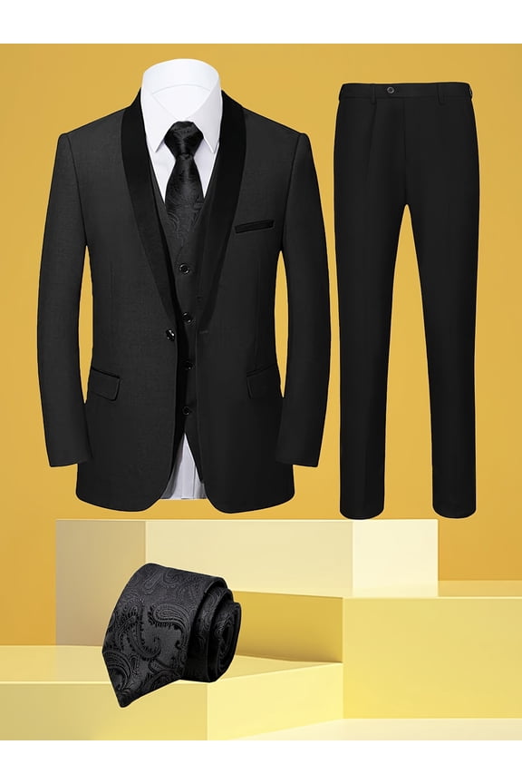 4pcs Men Suit Tuxedo Vest Pants Tie Shawl Collar Single Breasted One Button Flap Pockets for Wedding Party Groom Groomsmen Men Formal Attire