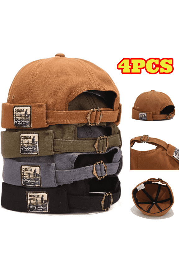4pcs Men's Cotton Skull Cap, Patch Brimless Sailor Cap, Retro Rolled Cuff Beanie Hat