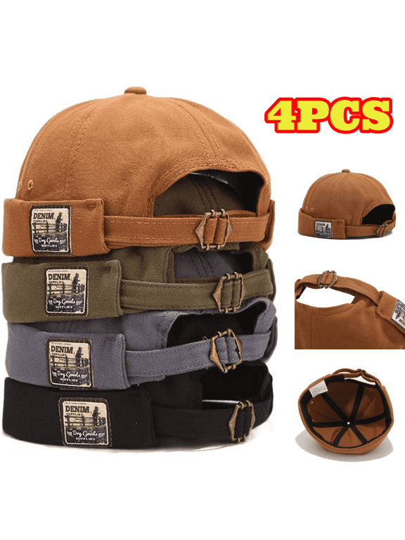 4pcs Men's Cotton Skull Cap, Patch Brimless Sailor Cap, Retro Rolled Cuff Beanie Hat