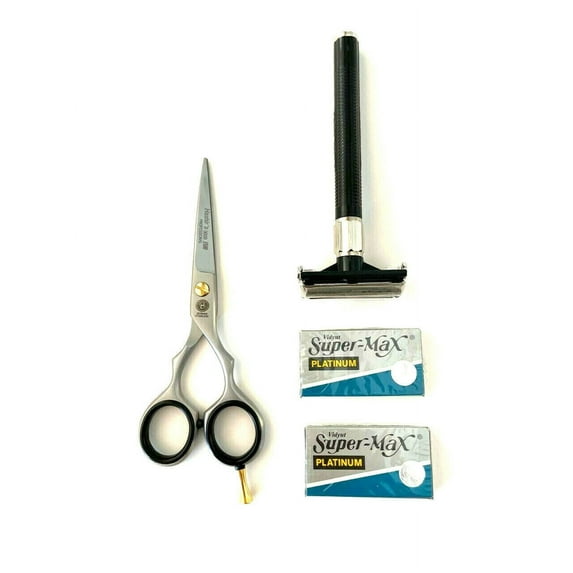 4pcs Men’s Old Fashion Safety Razor PLUS Professional Scissors Shaving Grooming Men’s Holiday Excellent Gift Set Kit