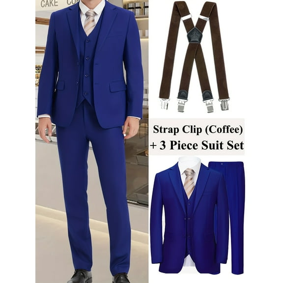[4pcs Men's Suit] 4pcs Men's Solid Color Suit Set | Two Button Jacket Vest Trousers and Adjustable Coffee Suspender Clips | Ideal for Date Party Wedding and Business