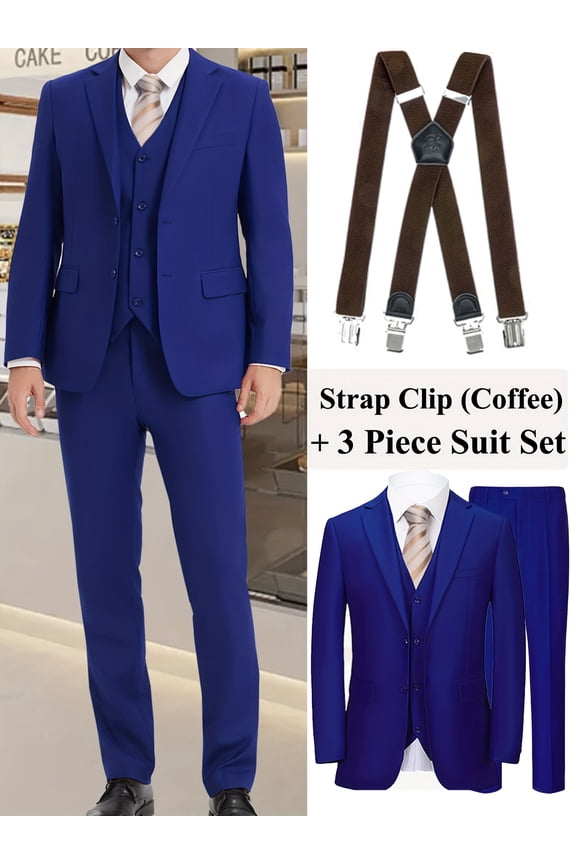[4pcs Men's Suit] 4pcs Men's Solid Color Suit Set | Two Button Jacket Vest Trousers and Adjustable Coffee Suspender Clips | Ideal for Date Party Wedding and Business