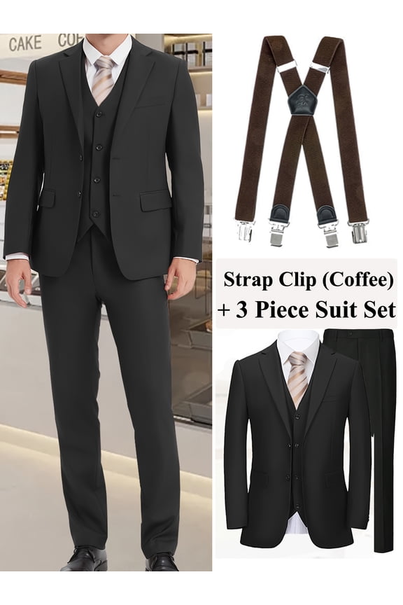 [4pcs Men's Suit] 4pcs Men's Solid Color Suit Set | Two Button Jacket Vest Trousers and Adjustable Coffee Suspender Clips | Ideal for Date Party Wedding and Business
