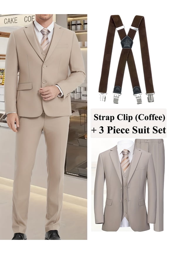 [4pcs Men's Suit] 4pcs Men's Solid Color Suit Set | Two Button Jacket Vest Trousers and Adjustable Coffee Suspender Clips | Ideal for Date Party Wedding and Business