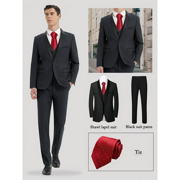 4pcs Men's Tuxedo Set - Classic Lapel Blazer, Vest, Formal Pants And Matching Tie for Parties, Weddings And Proms - Made Of High Quality Fabric with Adjustable Waist for A Comfortable Fit.