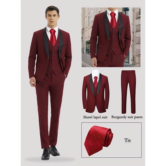 4pcs Men's Tuxedo Set - Classic Lapel Blazer, Vest, Formal Pants And Matching Tie for Parties, Weddings And Proms - Made Of High Quality Fabric with Adjustable Waist for A Comfortable Fit.