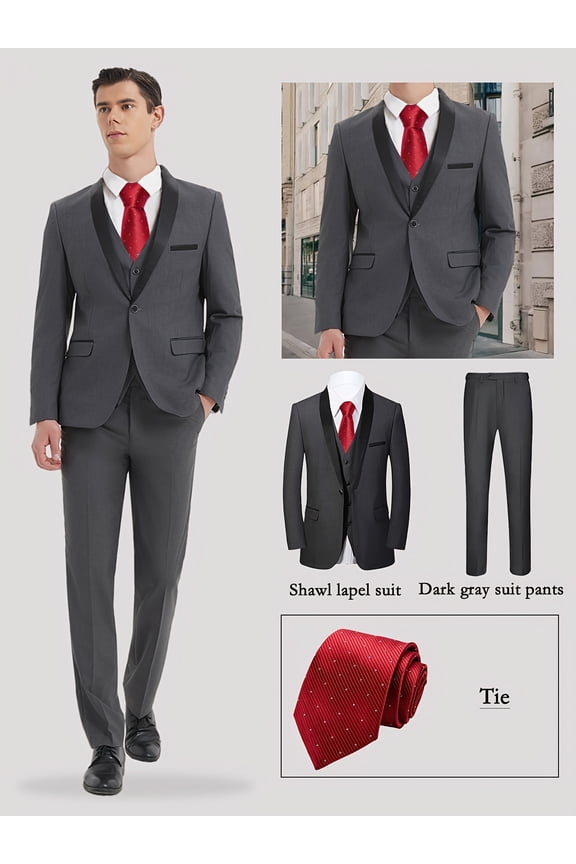 4pcs Men's Tuxedo Set - Classic Lapel Blazer, Vest, Formal Pants And Matching Tie for Parties, Weddings And Proms - Made Of High Quality Fabric with Adjustable Waist for A Comfortable Fit.