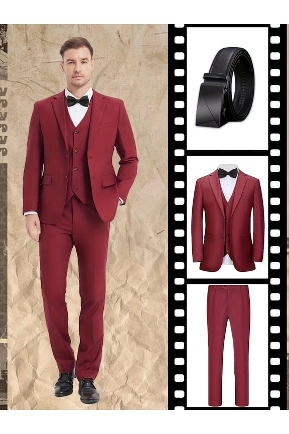 4pcs Men suit Tuxedo Vest Pants Belt Lapel Collar Solid Suit Formal Men Attire for Busniness Party Banquet Job Interview Classic Elegant Clothing