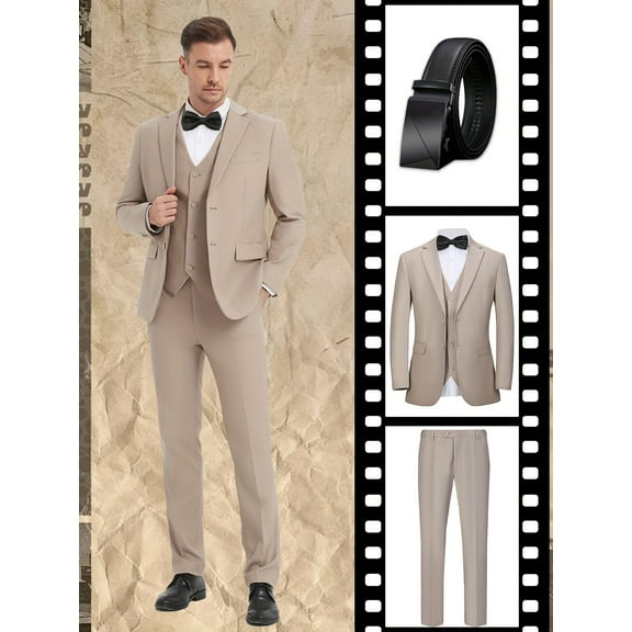 4pcs Men suit Tuxedo Vest Pants Belt Lapel Collar Solid Suit Formal Men Attire for Busniness Party Banquet Job Interview Classic Elegant Clothing
