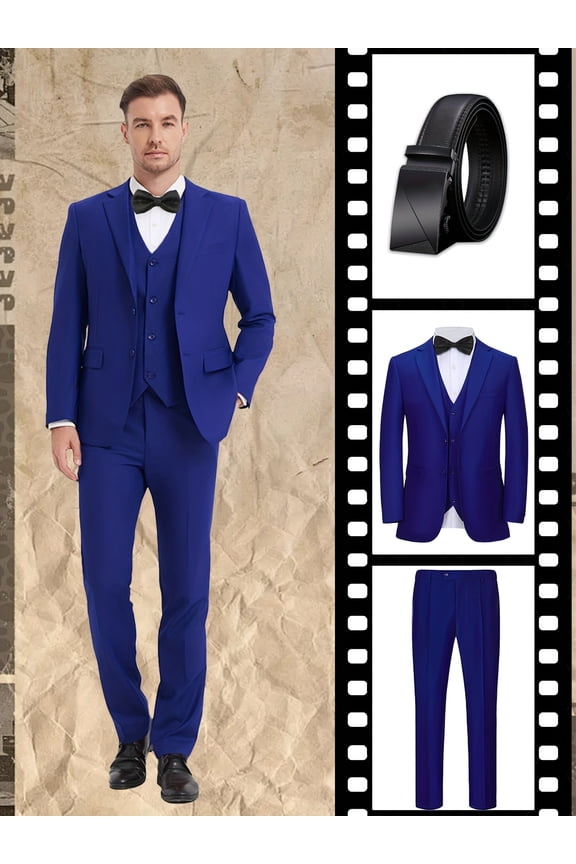 4pcs Men suit Tuxedo Vest Pants Belt Lapel Collar Solid Suit Formal Men Attire for Busniness Party Banquet Job Interview Classic Elegant Clothing