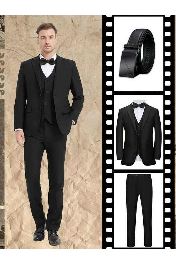 4pcs Men suit Tuxedo Vest Pants Belt Lapel Collar Solid Suit Formal Men Attire for Busniness Party Banquet Job Interview Classic Elegant Clothing