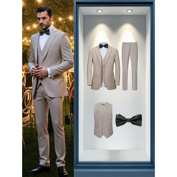 4pcs Men suit Tuxedo Vest Pants Bow Lapel Collar Solid Suit Formal Men Attire for Busniness Party Banquet Job Interview Classic Elegant Clothing