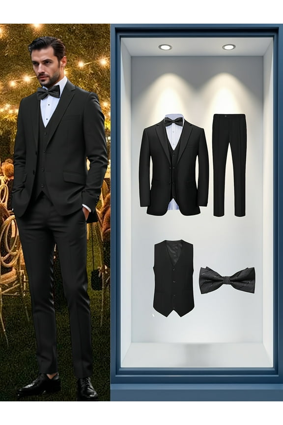 4pcs Men suit Tuxedo Vest Pants Bow Lapel Collar Solid Suit Formal Men Attire for Busniness Party Banquet Job Interview Classic Elegant Clothing